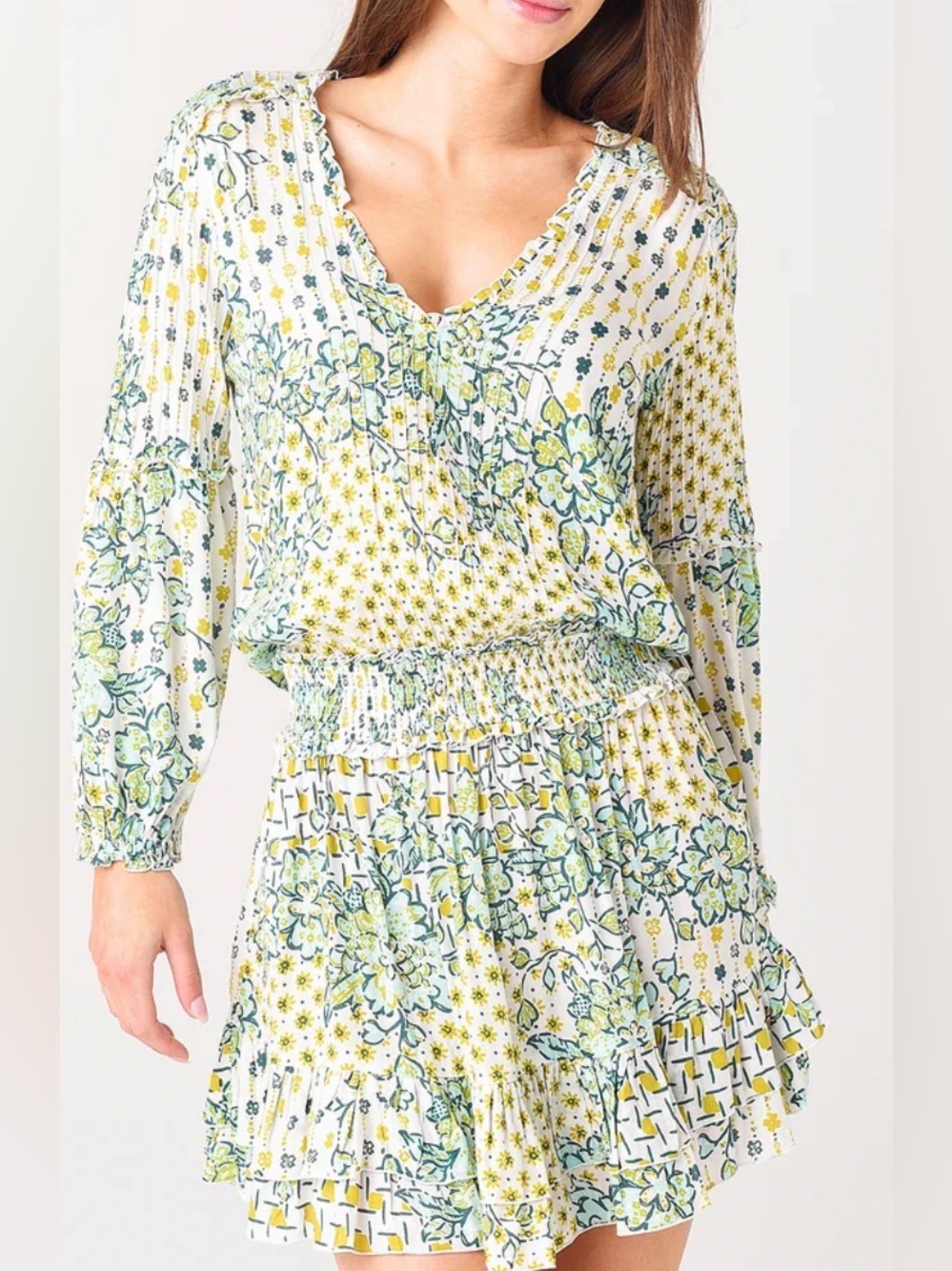 Poupette St. Barth White, Green & Yellow Floral Smocked Mini Dress